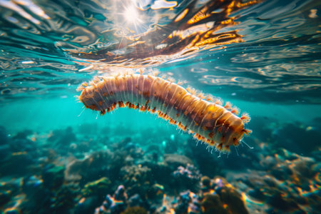 A fascinating marine creature twists and turns through crystal-clear waters, showing its vibrant colors and intricate patterns as sunlight filters down from above, illuminating the coral below.の素材