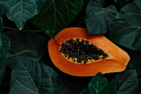 Bright orange flesh of the papaya reveals its rich seeds while surrounded by verdant foliage. This tropical delight captures the essence of a sunlit garden, blending color with natural harmony.の素材