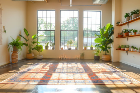 A tranquil indoor area features a beautifully patterned rug centered on polished floorsの素材