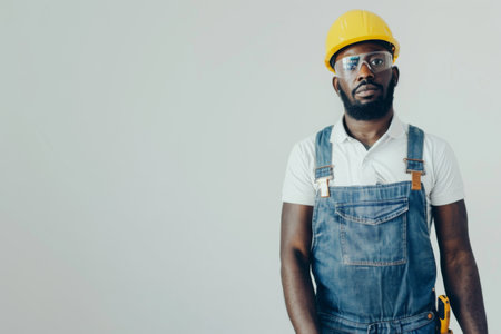 A focused construction worker, wearing a hard hat and safety goggles, stands confidently against a plain backdrop, embodying professionalism and readiness for the challenges of the day ahead.の素材
