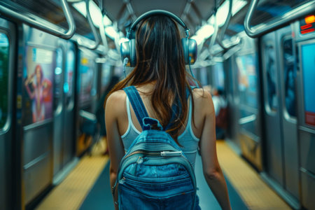 A young woman walks through a crowded subway, wearing headphones and carrying a denim backpack. The atmosphere is lively, filled with the energy of urban life and commuters.の素材
