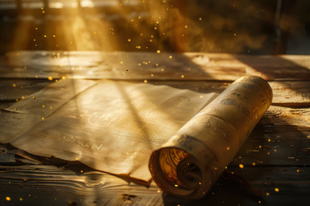 Golden rays of sunlight filter through the room, cascading over an ancient scroll lying on a weathered wooden table. Dust moves dance in the warm light, creating a serene atmosphere.の素材