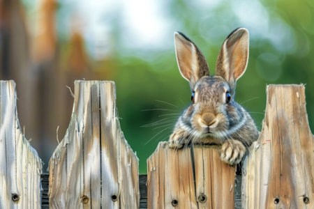 A friendly rabbit with soft fur and long ears curiously looks over a weathered wooden fence, surrounded by a lush green garden on a bright day. The atmosphere is peaceful and inviting.の素材
