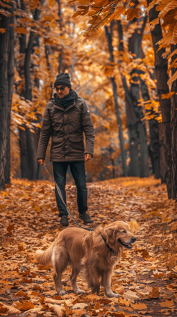 As autumn's leaves blanket the ground, a man walks thoughtfully in a park beside his golden retriever, surrounded by vibrant foliage and a serene atmosphere.の素材