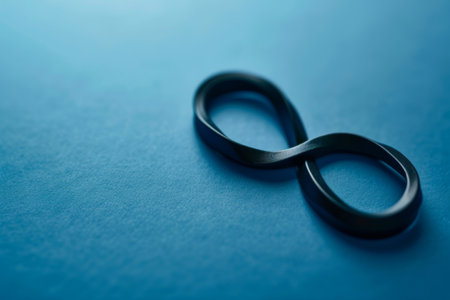 A striking black infinity symbol lies flat on a rich blue surface, bathed in soft lighting that highlights its curves. The contrast creates a modern, minimalistic aesthetic.の素材