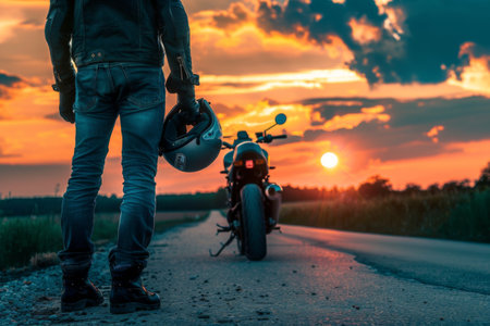 A lone motorcyclist stands beside their bike, holding a helmet, as vibrant hues of orange and purple fill the sky at sunset. The tranquil road invites reflection and adventure.の素材