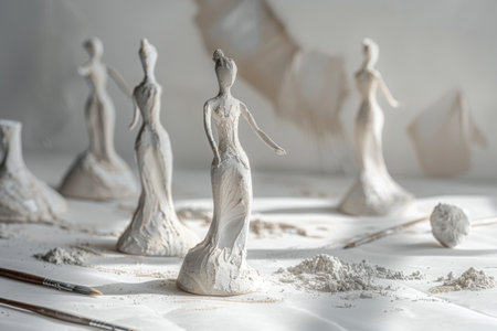 Several elegant clay figures stand with grace in a well-lit studio, surrounded by sculpting tools and fine dust. The atmosphere brims with creativity and artistic expression.の素材