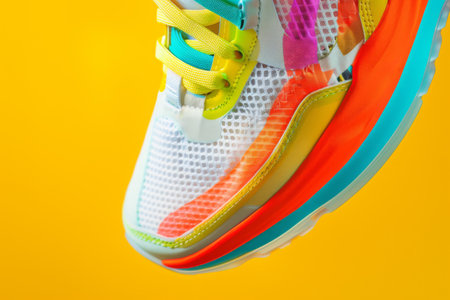 A stylish sneaker is featured prominently, showcasing a mix of vivid colors and unique design elements. Its playful hues contrast with a bright yellow background, attracting the eye.の素材