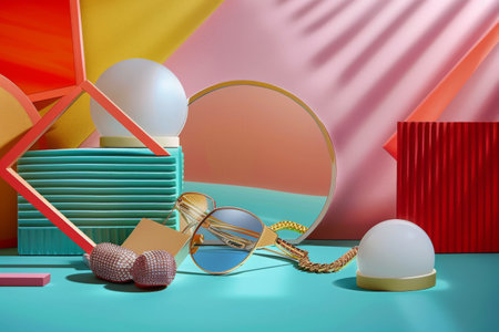 A striking display of colorful geometric shapes and playful objects harmonizes with bold colors, creating a vibrant and artistic atmosphere. This unique arrangement invites creativity and imagination.の素材