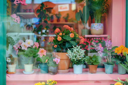 The display features an array of blooming plants in various pots, creating a joyful ambiance in a charming flower shop. The bright colors and lush greenery invite passersby to explore further.の素材