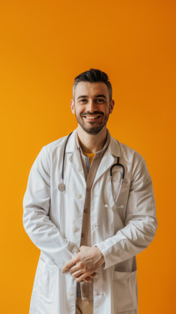 A smiling male doctor stands proudly with his arms crossed, wearing a white lab coat and stethoscope. The bright orange background enhances the optimistic atmosphere of the moment.の素材