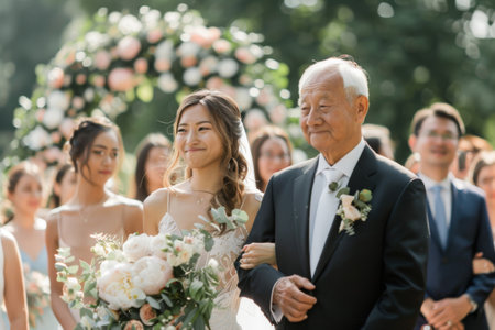 A radiant bride smiles, walking with her father toward the altar, surrounded by blooming flowers and adoring guests, with the sun casting a warm glow on their heartfelt outdoor ceremony.の素材