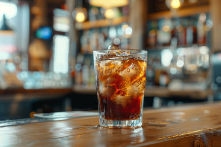 The glass tumbler, filled with a dark, fizzy beverage and ice, rests on a wooden bar with ambient lighting. The lively tavern showcases a vibrant atmosphere filled with patrons and spirits.の素材