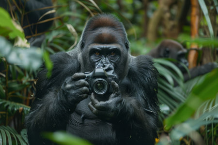 A gorilla holds a camera, curiously peering through the lens while surrounded by dense, vibrant foliage. This unique highlights encounter wildlife in their natural setting, showing curiosity.の素材