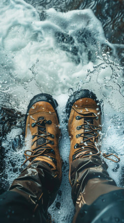Worn leather boots stand firmly on wet rocks as waves crash around them, creating a captivating splash. The experience captures the essence of adventure and connection with nature.の素材
