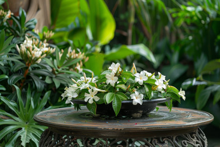 In an enchanting garden, a delicate arrangement of white blooming flowers rests on a beautifully designed table. Surrounding foliage creates a tranquil atmosphere rich in natural beauty.の素材