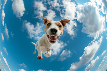 A spirited dog catches the breeze as it joyfully leaps, showing its playful personality against a backdrop of vibrant blue and fluffy white clouds, embodying pure happiness.の素材