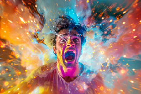 An individual displays intense emotion against a dynamic backdrop of swirling colors and lights. The explosion of hues creates a surreal atmosphere that enhances the dramatic expression.の素材