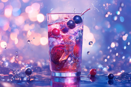 A beautifully crafted cocktail filled with fresh berries and citrus slices creates a stunning splash of colors against a dreamy, illuminated backdrop at twilight.の素材