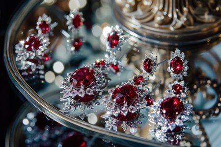 Sparkling red gemstones are beautifully arranged on a polished surface, showcasing intricate designs and shimmering details. The luxurious display captures the light in a stunning ambiance.の素材