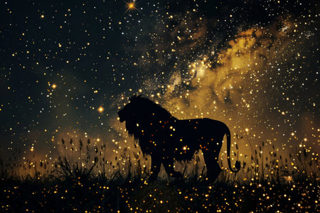 A powerful lion stands proudly in a grassy field, its silhouette framed by a mesmerizing tapestry of stars and a glowing galaxy, evoking a sense of strength and awesome in the night.の素材
