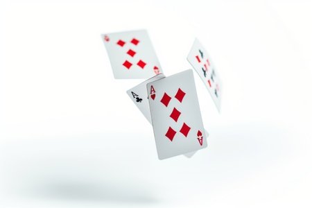 The ace of diamonds card elegantly hovers above a pristine white surface, surrounded by additional floating cardsの素材