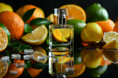 The essence of freshness is captured with a stunning array of citrus fruits, including oranges, lemons, and limes, artfully arranged around a sleek perfume bottle, showing elegance and vitality.の素材