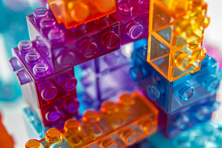 Colorful translucent building blocks are stacked together, showing intricate designs and creativity. This playful arrangement highlights the joy of construction and imaginative play.の素材