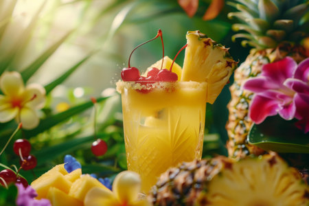A vibrant cocktail sits garnished with cherries and a slice of pineapple, surrounded by fresh tropical fruit and colorful flowers, capturing the essence of a sunny paradise.の素材