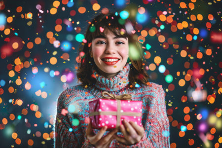 A young woman beams with happiness as she holds a beautifully wrapped gift, surrounded by a dazzling display of colorful lights and confetti that evokes a festive atmosphere.の素材