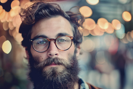 An individual stands confidently, showcasing a full beard and trendy glasses. The warm, glowing lights create a vibrant atmosphere, enhancing the artistic vibe of the moment.の素材