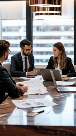 A group of focused professionals collaborated around a sleek conference table, discussing ideas with laptops open and documents spread out, emphasizing teamwork and innovation.の素材