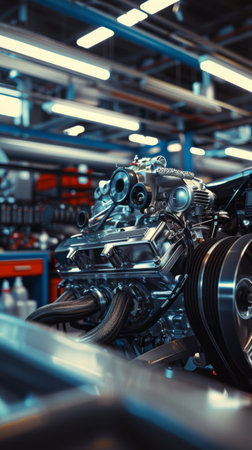 A meticulously crafted engine takes center stage in a bustling workshopの素材