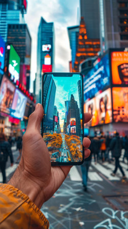 In the heart of Times Square, a person holds up a smartphone displaying a stunning digital landscape, blending reality with imagination. The vibrant lights and crowded streets contrast beautifully.の素材