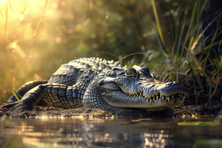 A crocodile reclines near a shimmering river, illuminated by warm golden rays of the setting sun, surrounded by lush greenery and a peaceful atmosphere, showing nature's beauty.の素材