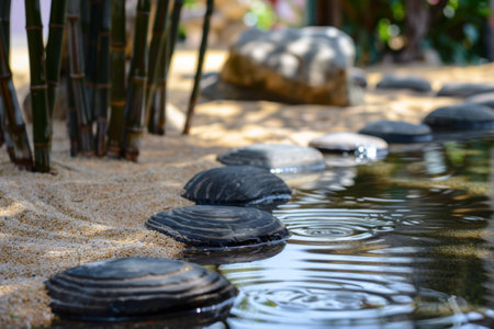 In an idyllic garden, smooth black stones create a charming pathway across a gentle stream, surrounded by lush greenery, as gentle raindrops cause ripples on the water's surface.の素材