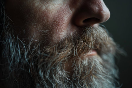 The close-up features a distinguished face, showcasing a grizzled beard and textured skin, conveying a sense of life's experiences and calmness illuminated by gentle light.の素材