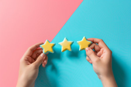 Two hands hold gently three star-shaped cookies, beautifully decorated in bright yellow icing, contrasting against a playful backdrop of pink and turquoise colors, creating a joyful atmosphere.の素材