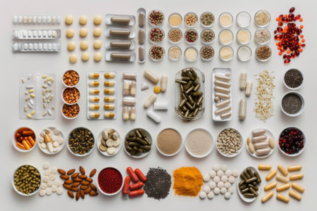 A vibrant display of various health supplements, herbs, and spices meticulously organized on a clean surfaceの素材
