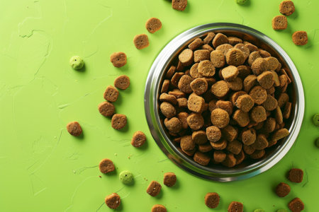 A bowl brimming with small, round pet food kibble sits on a bright green backdrop. Some pieces are scattered nearby, creating a playful and inviting atmosphere for pet lovers.の素材