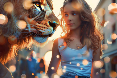 As the sun sets, a young girl stands captivated by the expressive gaze of a lion beside her, surrounded by shimmering lights. Their connection radiates a powerful sense of wonder and beauty.の素材