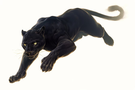 A magnificent black panther is captured mid-leap, displaying its muscular form and sleek fur. Its piercing yellow eyes look fierce, showing the agility and strength of this stunning creature.の素材