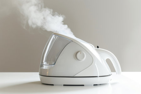 A modern garment steamer releases a gentle plume of steam, resting on a clean, simple table. The soft light highlights its sleek design, creating an inviting atmosphere for garment care.の素材