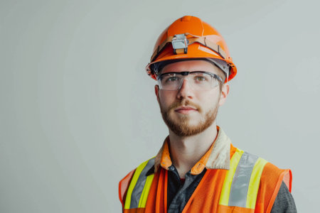A determined construction worker stands against a minimalist backdrop, sporting an orange hard hat and safety glasses. His reflective vest highlights his commitment to safety on the job.の素材