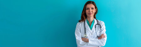 A healthcare professional exudes confidence with arms crossed, wearing a medical coat. The vibrant turquoise background highlights her commitment to patient care and health.の素材