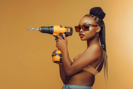 A confident woman stands with a power drill, wearing dark sunglasses and a stylish outfit. The warm backdrop enhances her strong presence, showing empowerment and creativity.の素材