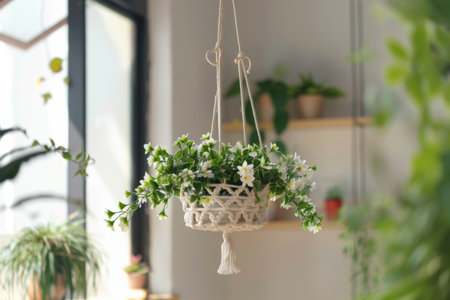 In a cozy corner, a beautifully crafted hanging planter sways gently, showcasing an array of lush green plants and delicate white flowers, creating a tranquil atmosphere.の素材