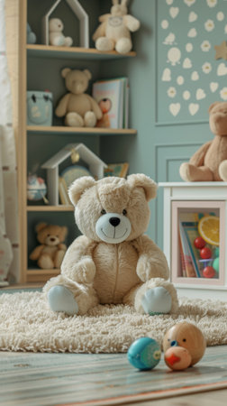In a cheerful playroom adorned with soft toys, a plush bear sits comfortably on a fluffy rug. Colorful decorations and smaller toys create a welcoming atmosphere for imaginative play.の素材