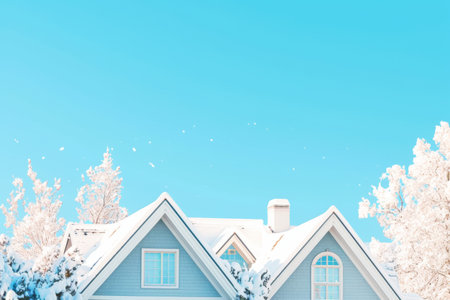 The blue house stands elegantly under a bright sky, adorned with a fresh layer of snow. Frosty trees create a serene atmosphere, capturing the joy of winter mornings in nature's wonderland.の素材
