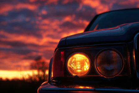 As twilight descends, a classic car's headlights cast a warm orange hue against the backdrop of a breathtaking sunsetの素材
